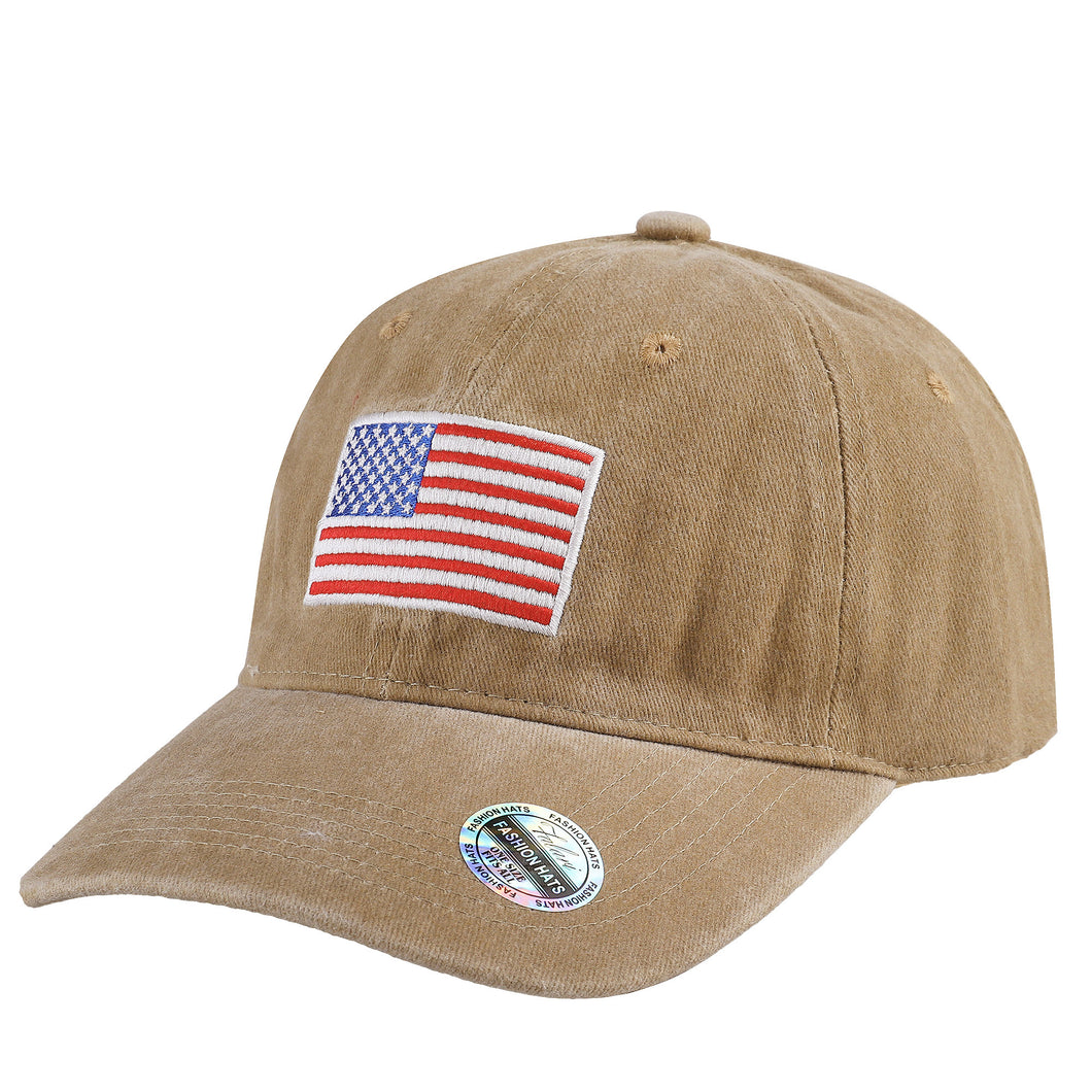 USA Flag Embroidered Baseball Cap - Khaki